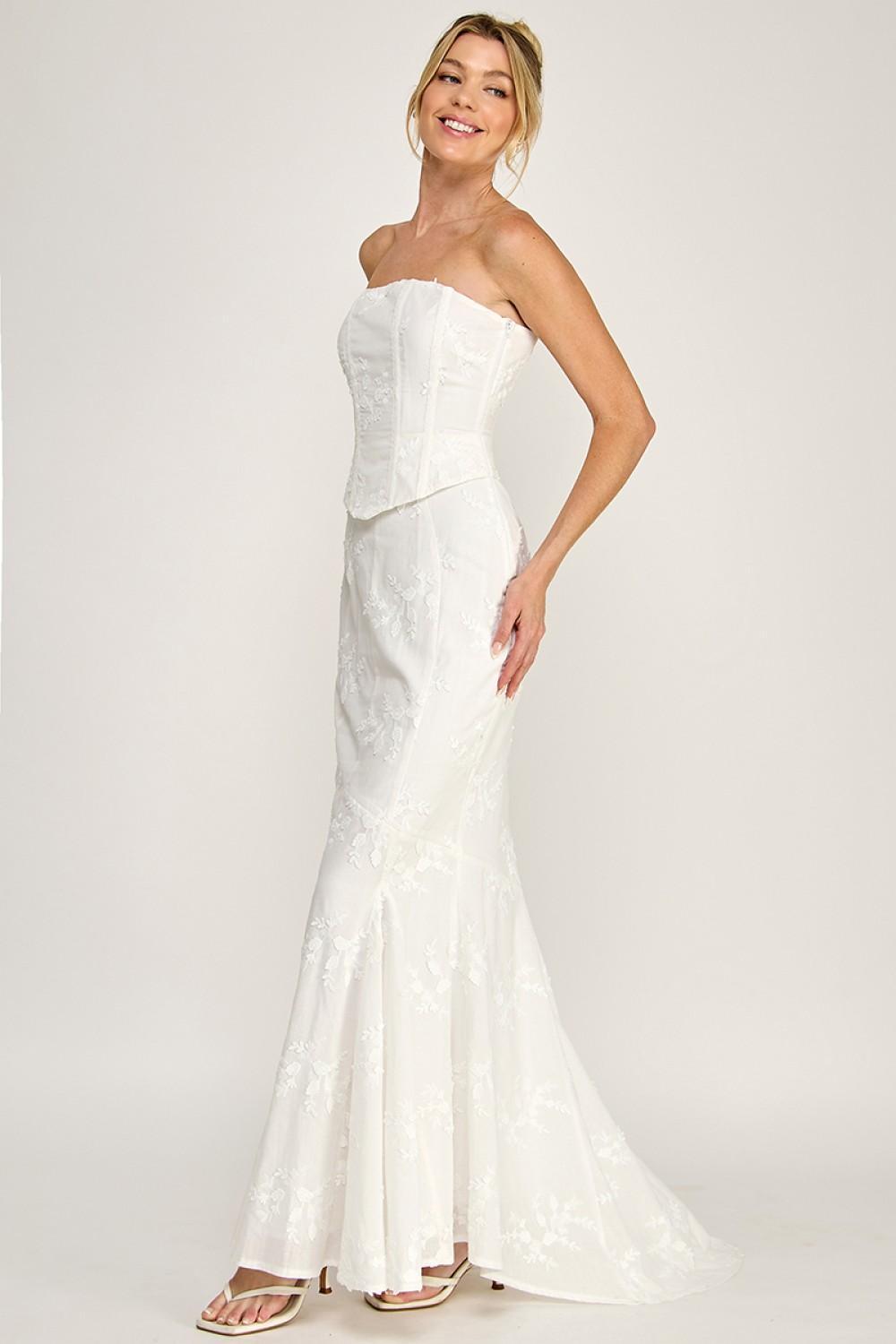 IVORY EYELET STRAPLESS CORSET LACE- UP MAXI DRESS