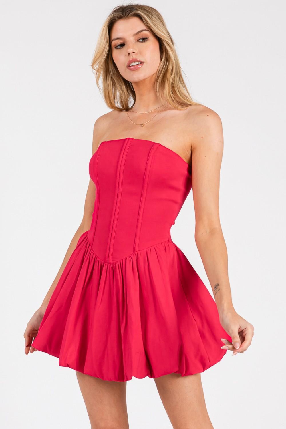 Magenta Red Binding Top Bubble Mini Dress