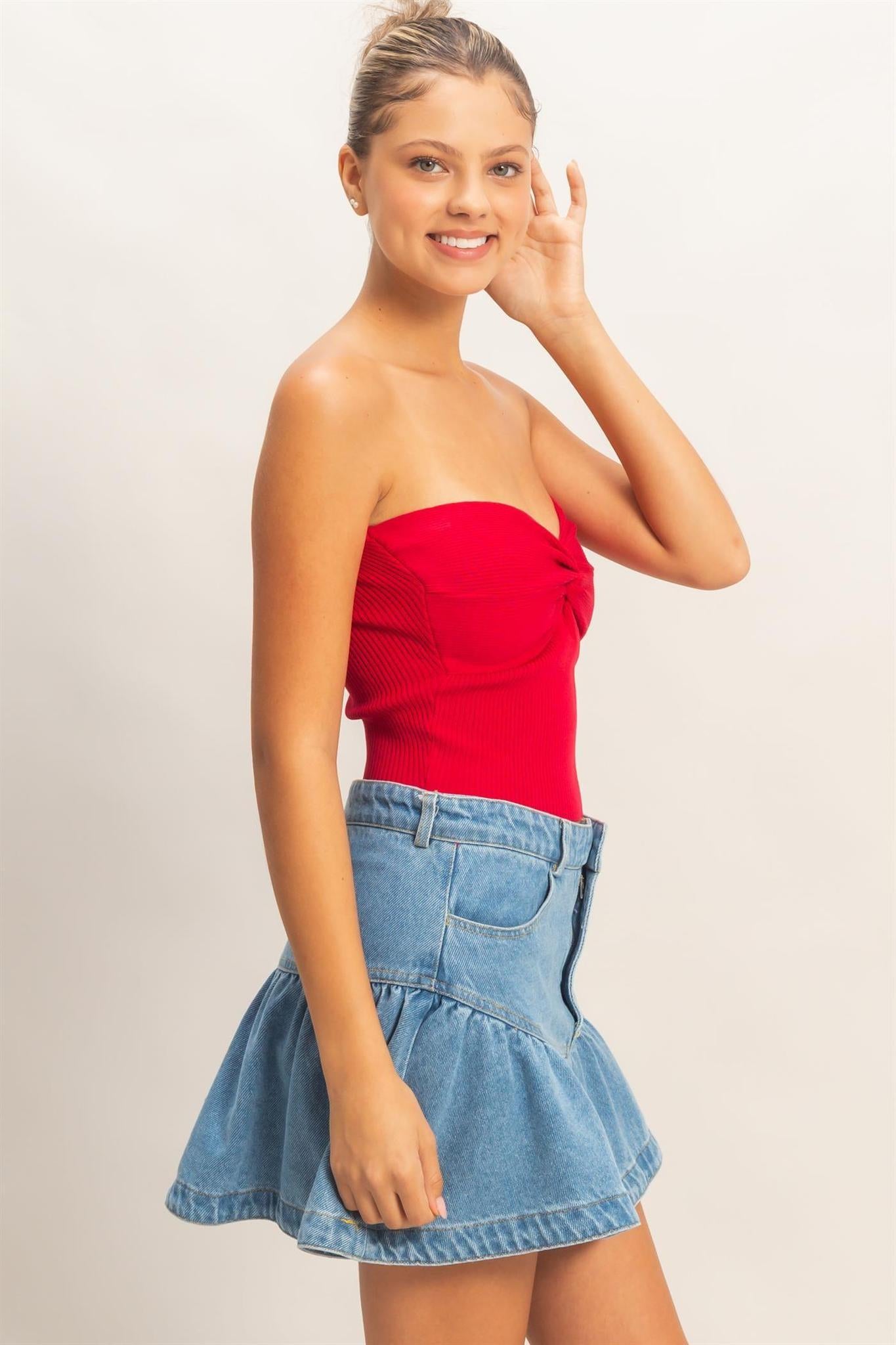 Red Ribbed Knot Bustier Top