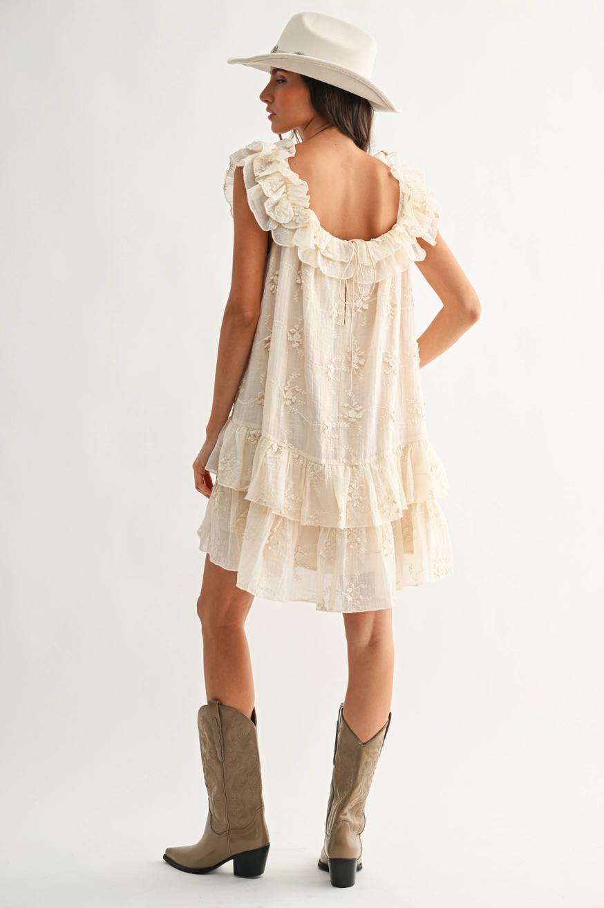 Ruffled Embroidered Tiered Dress in Cream