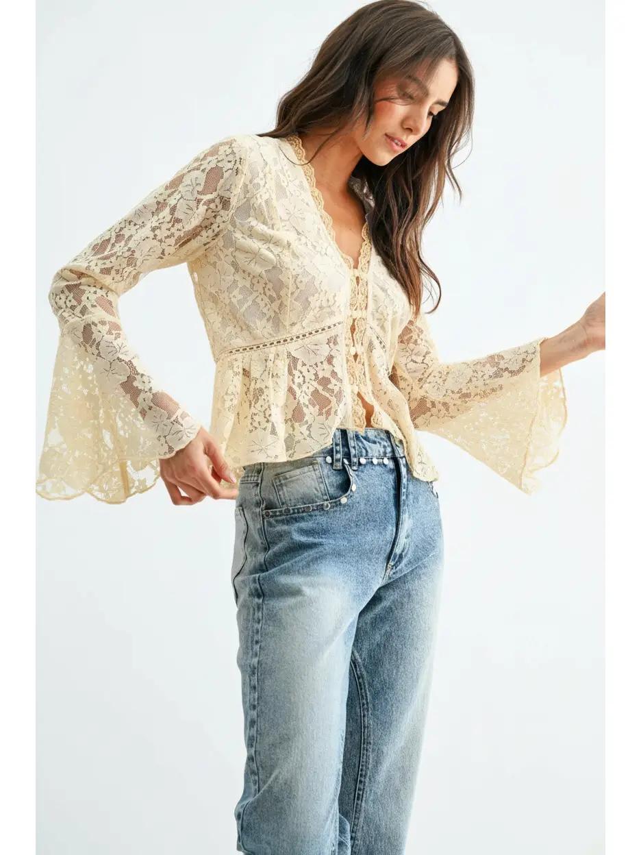 Lace Button-Down Blouse with Flared Sleeves