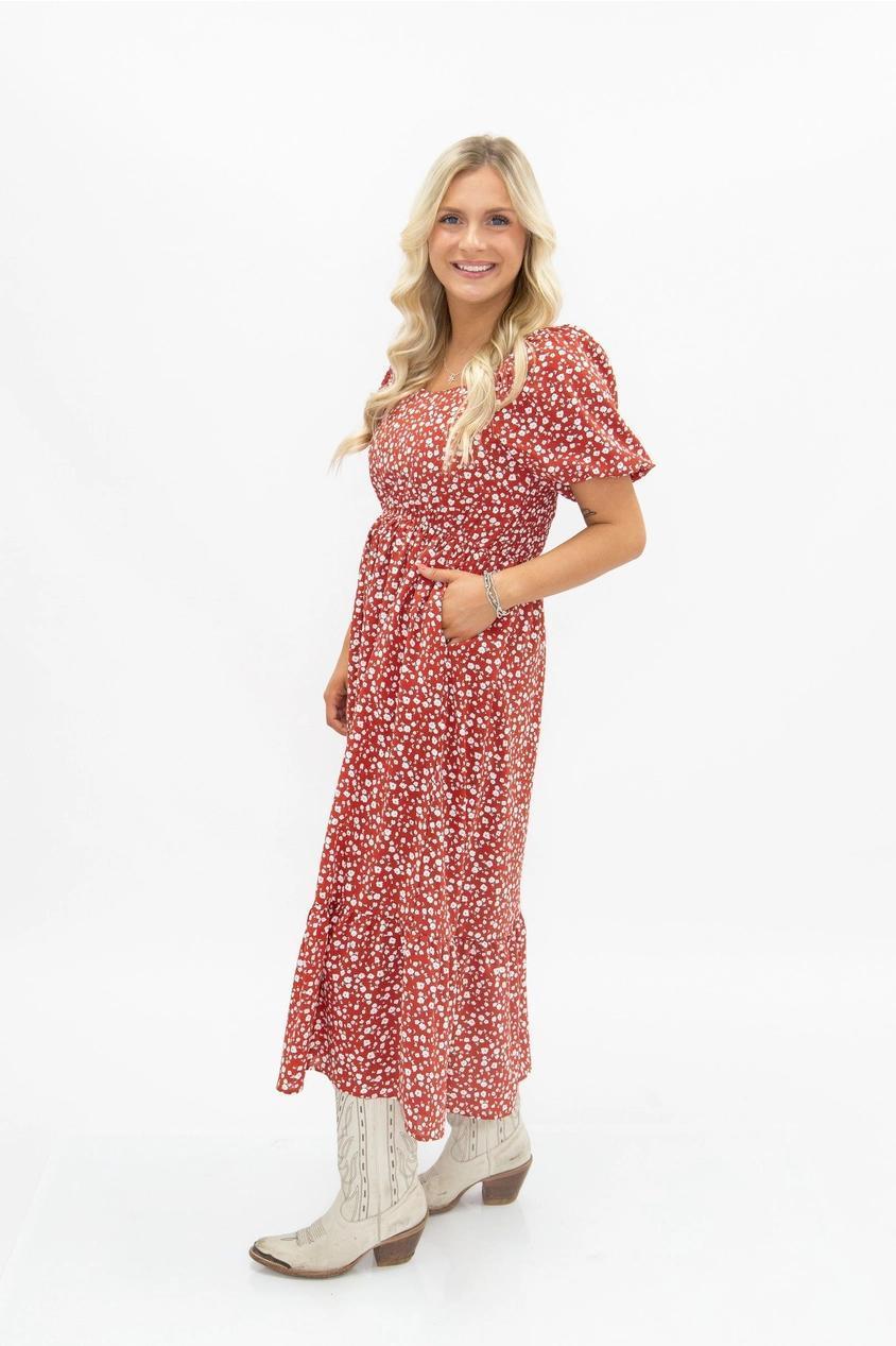 Red Floral Puff Sleeve Midi Dress