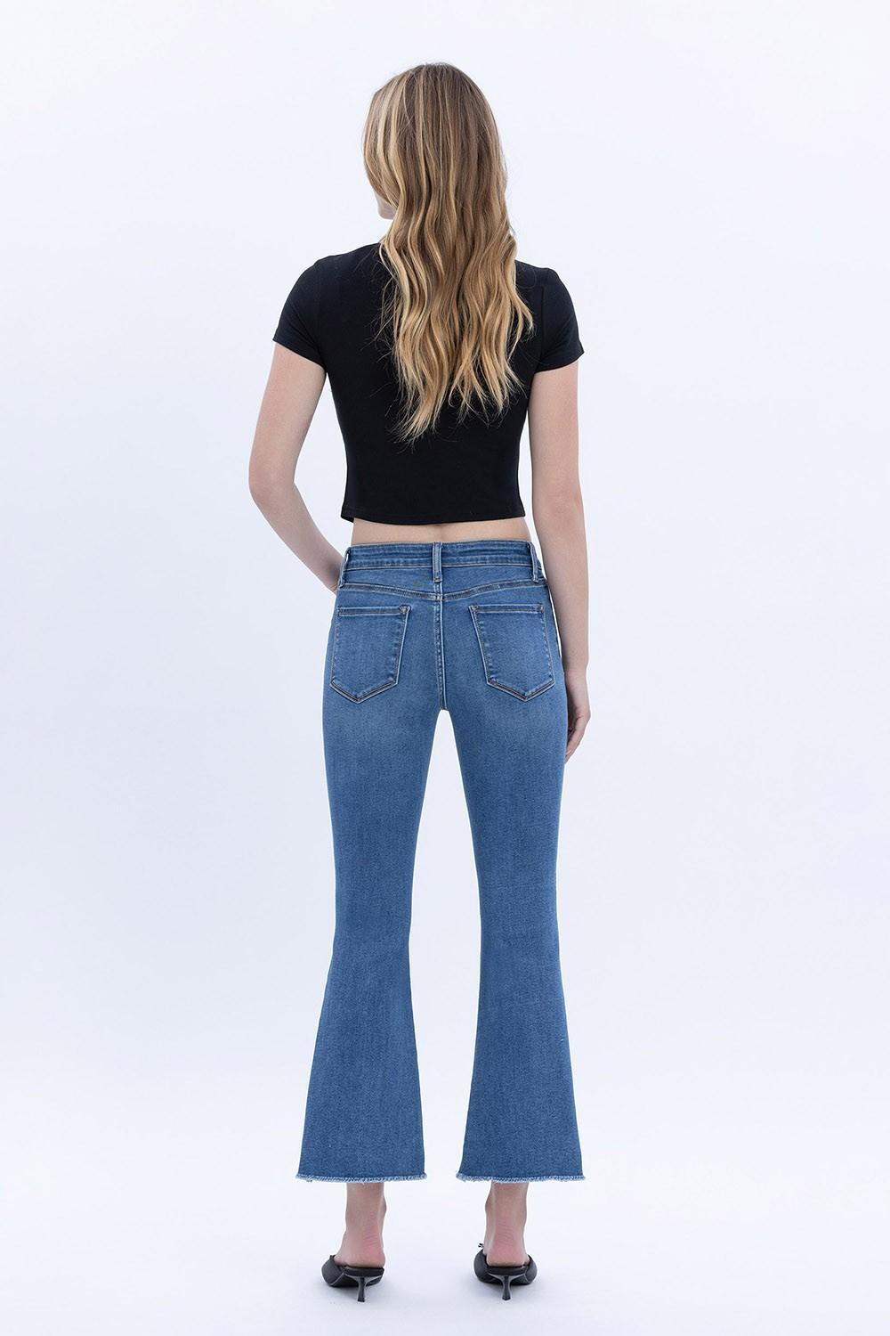 Mid Rise Raw Step Hem Crop Flare Jeans