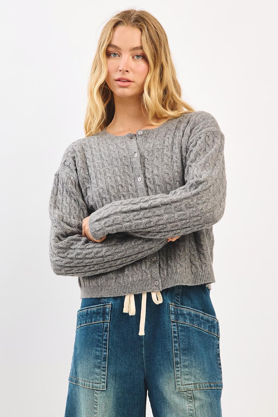 Heather Grey Cable Knit Crew Neck Cardigan