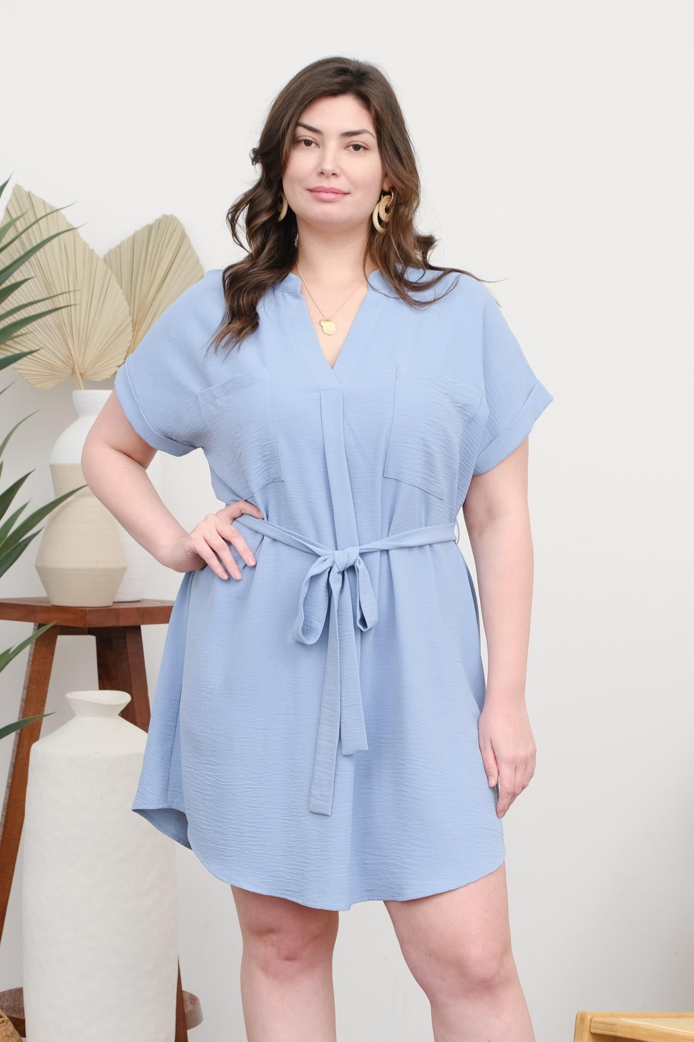 PLUS Back Buttoned Belted Mini Dress