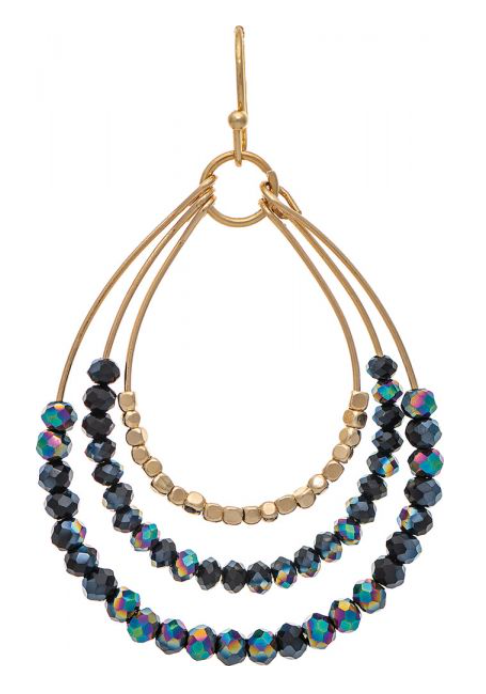 Gold Purple Three Row Glass Bead Teardrop Earring