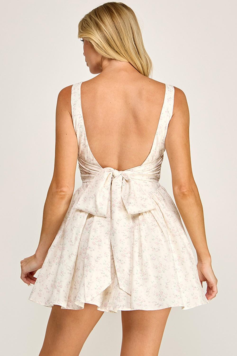 POPLIN FLORAL PRINT SQUARE NECKLINE BOW BACK MINI DRESS