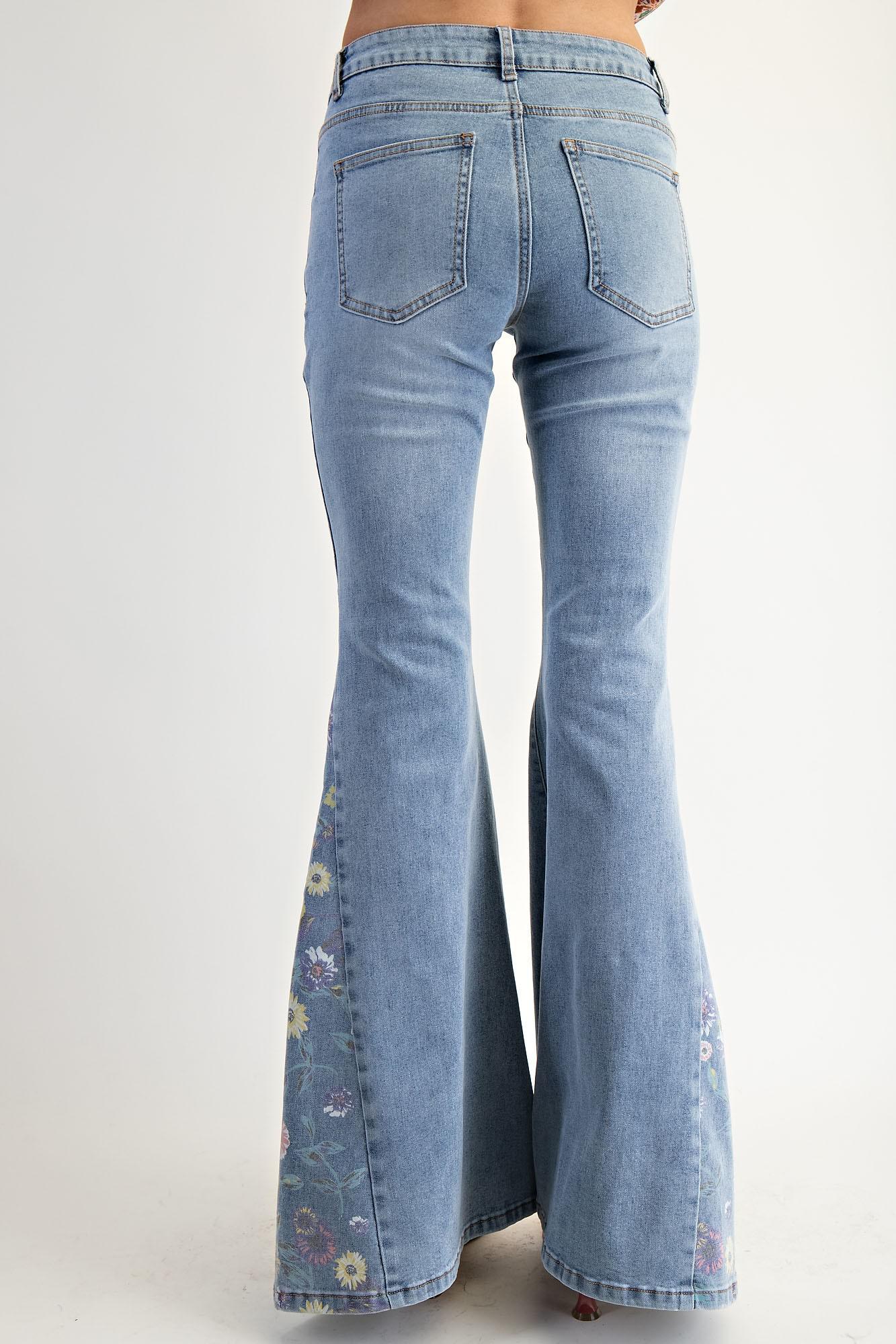 Floral Bell Bottom Washed Denim Pants