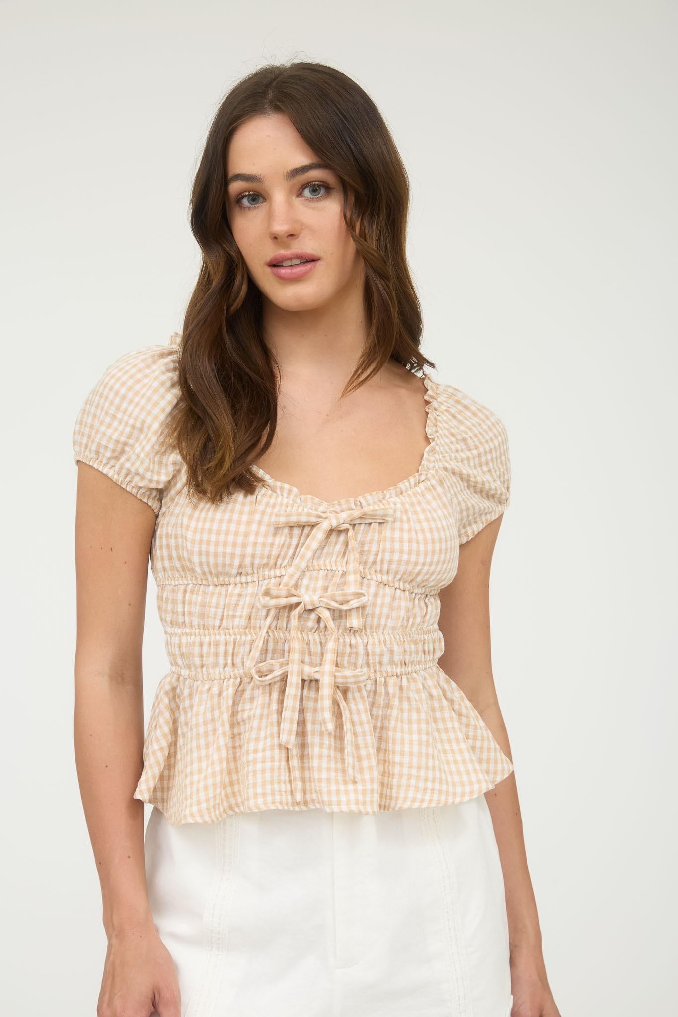 Khaki Gingham Bow Detail Blouse