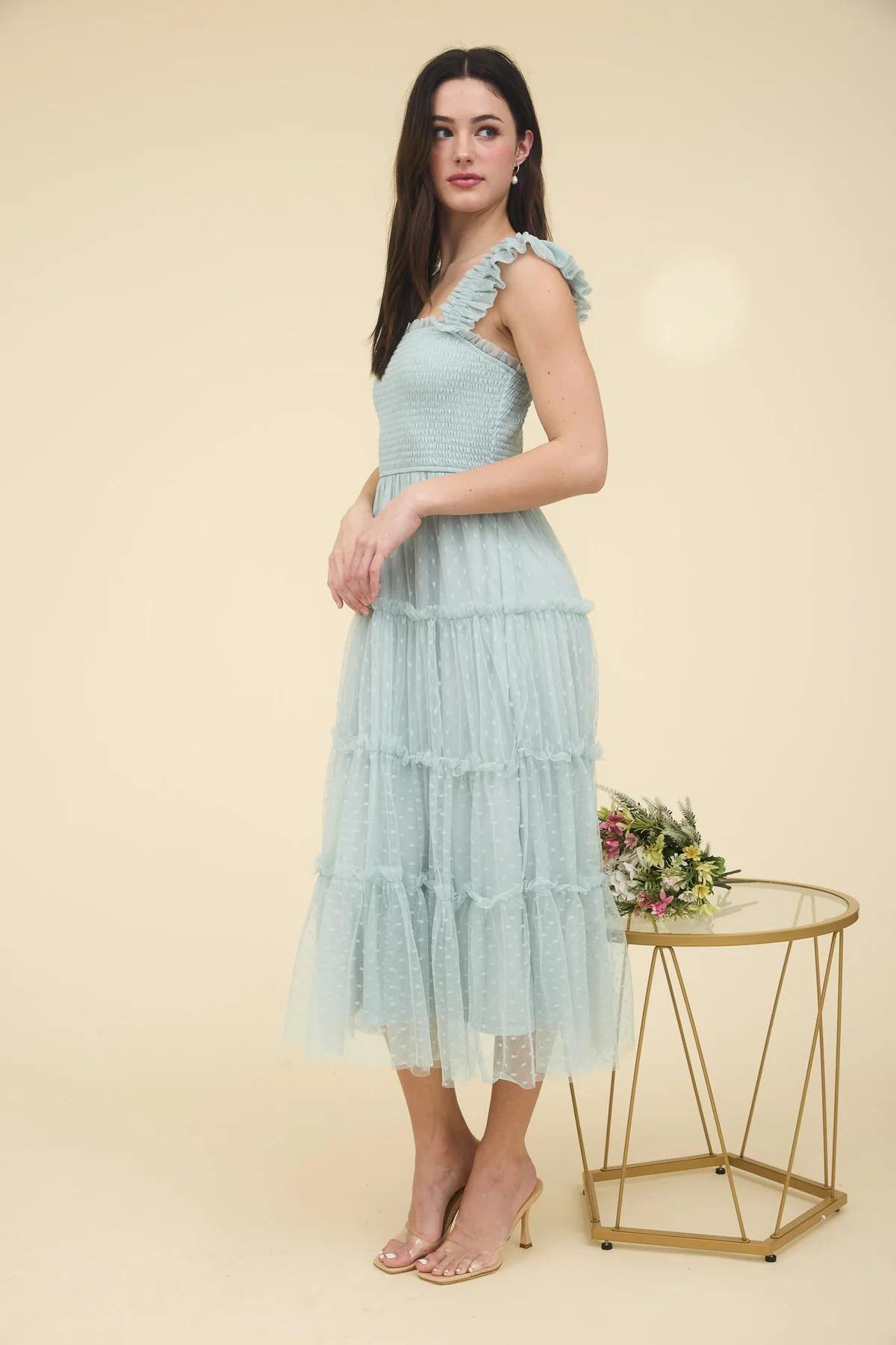 Polka Dot Chiffon Tiered Midi Dress