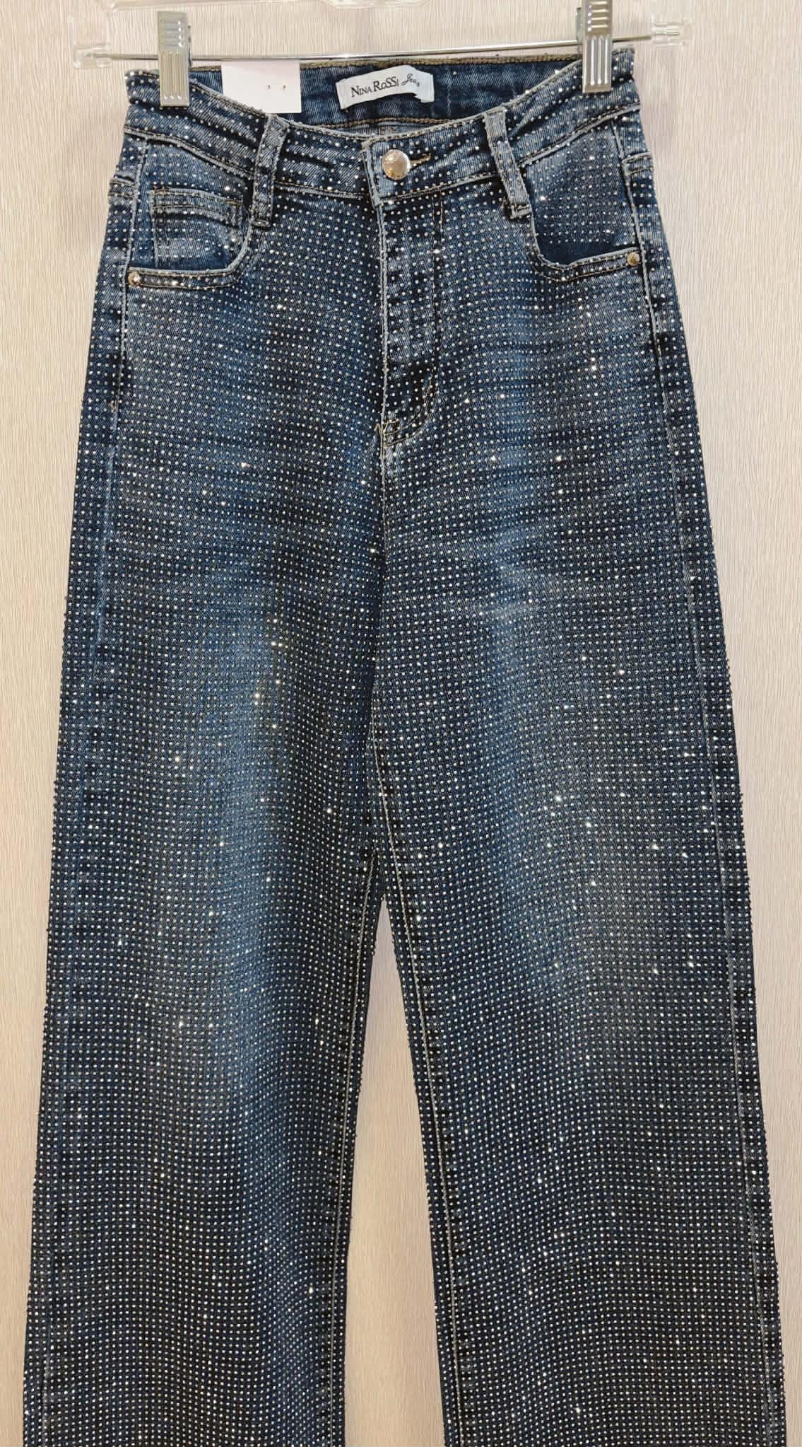 Nina Rossi Sequin Embellished Denim Wide Leg Jeans