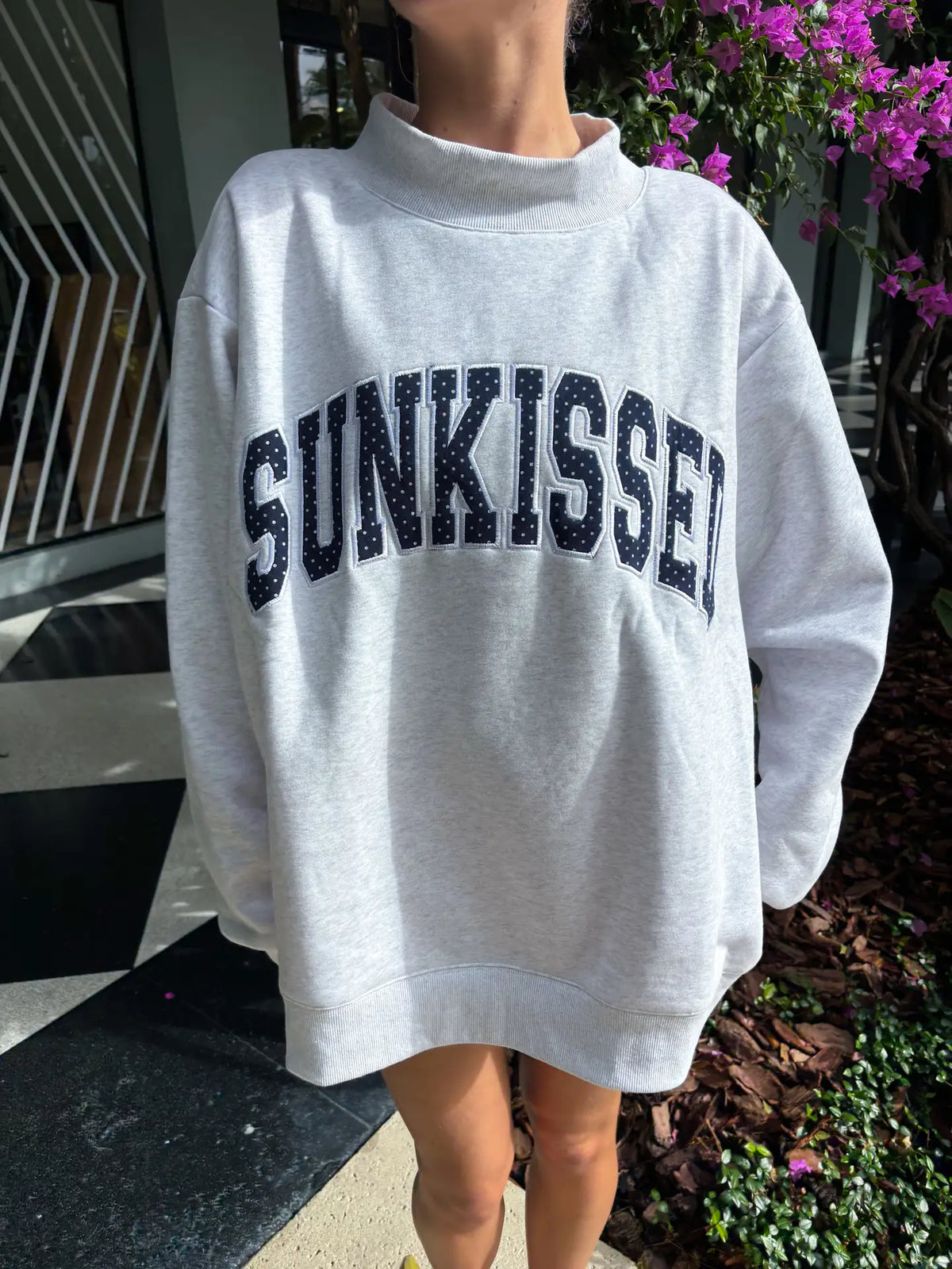 "Sunkissed" Mockneck Sweatshirt in Pearl Grey Navy Blue Polka Dot