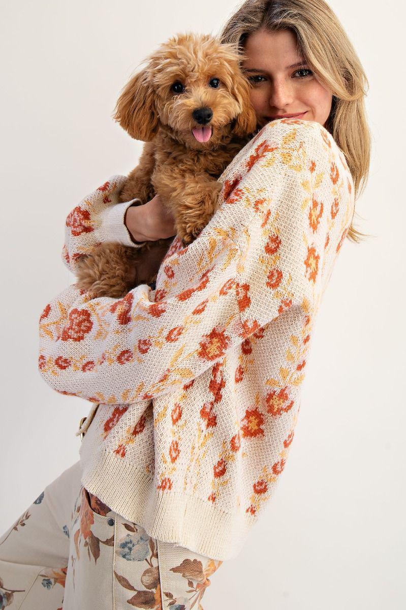FLORAL PATTERN KNITTED SWEATER CARDIGAN