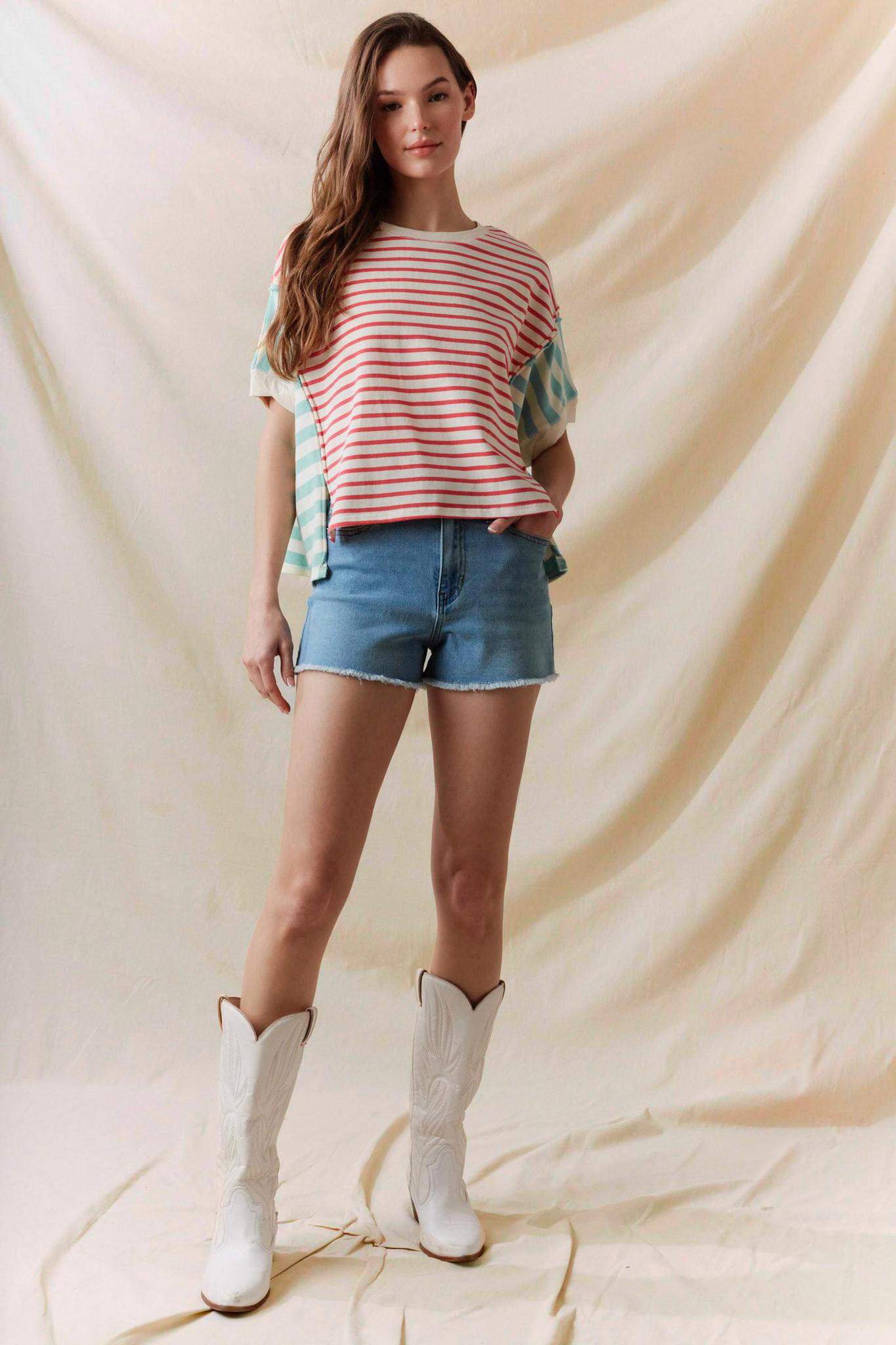 Coral/Mint Stripe Color Block Tee