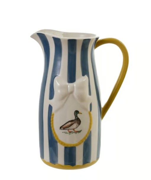 Stoneware Striped Pitcher W Bird & Bow