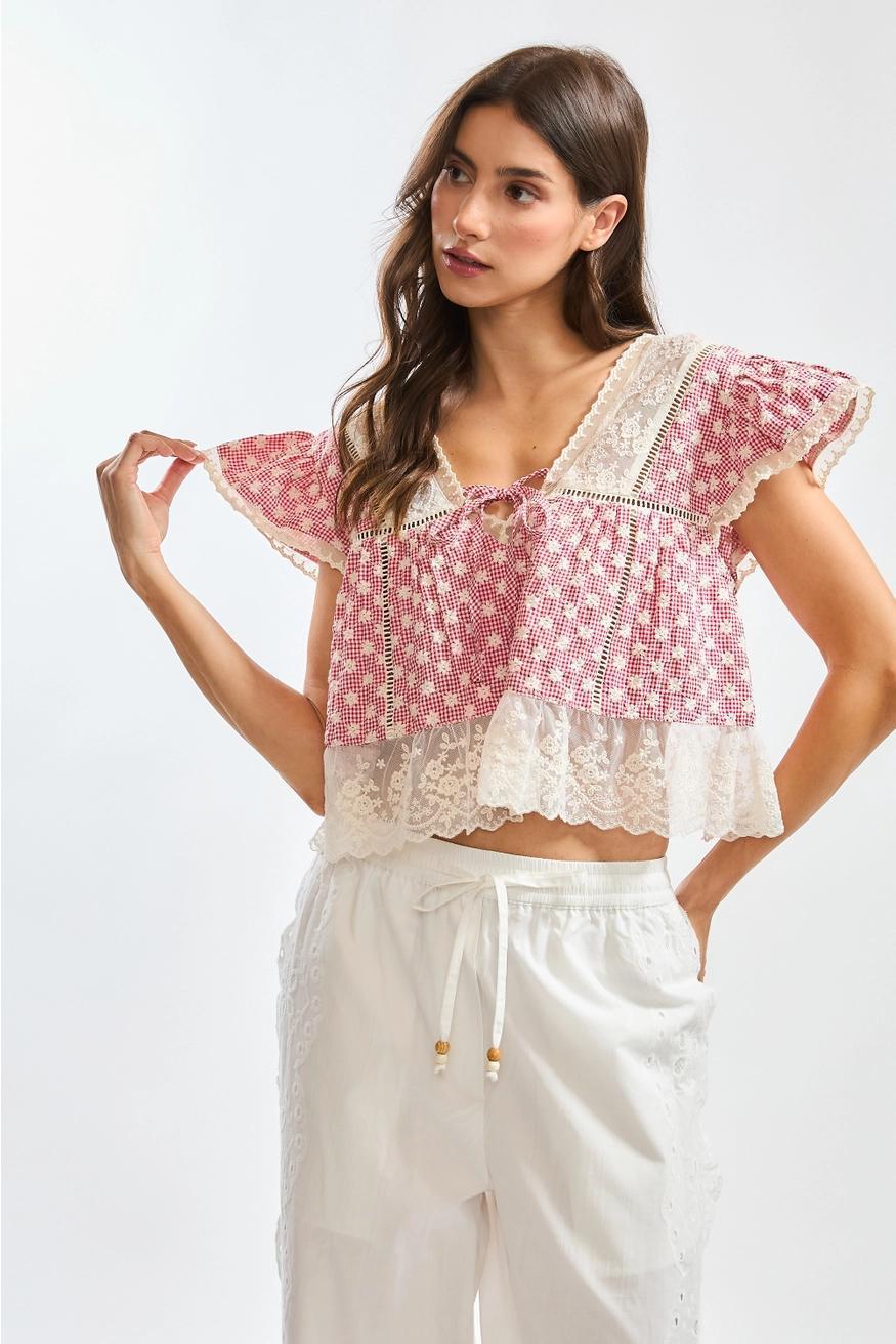 Red Gingham Lace Trim Blouse