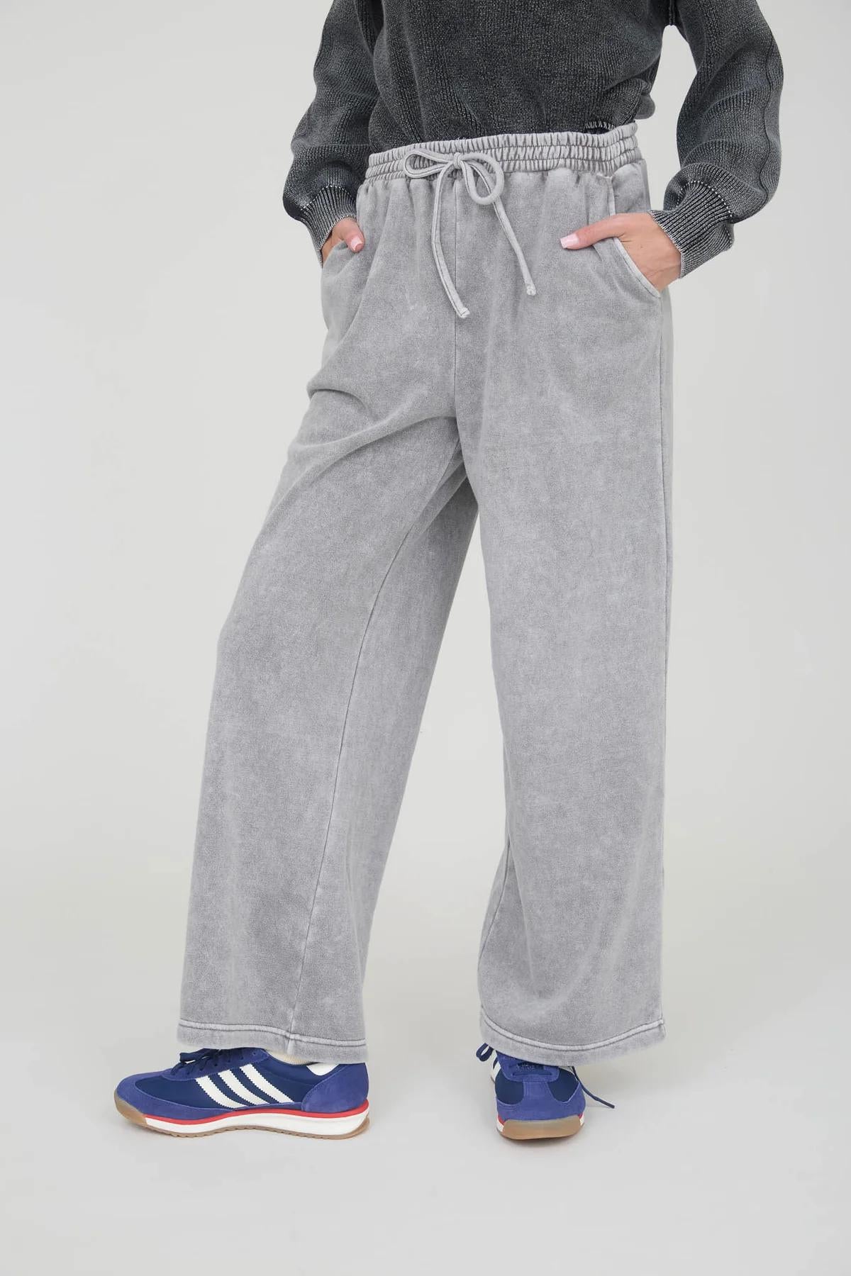 Charcoal Washed Wide Leg Drawstring Lounge Pants
