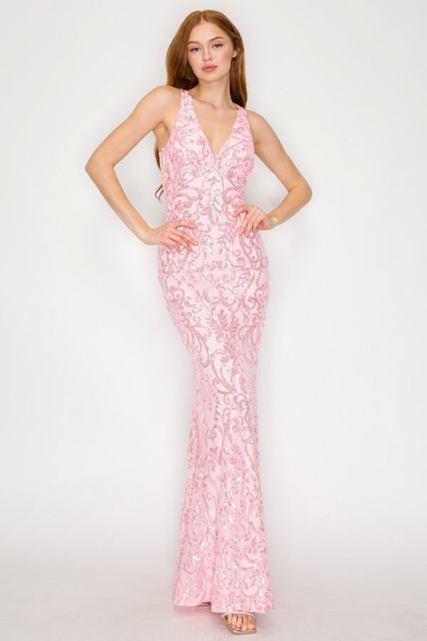 Sequin V-neck Satin Bow Maxi Dress - Pink