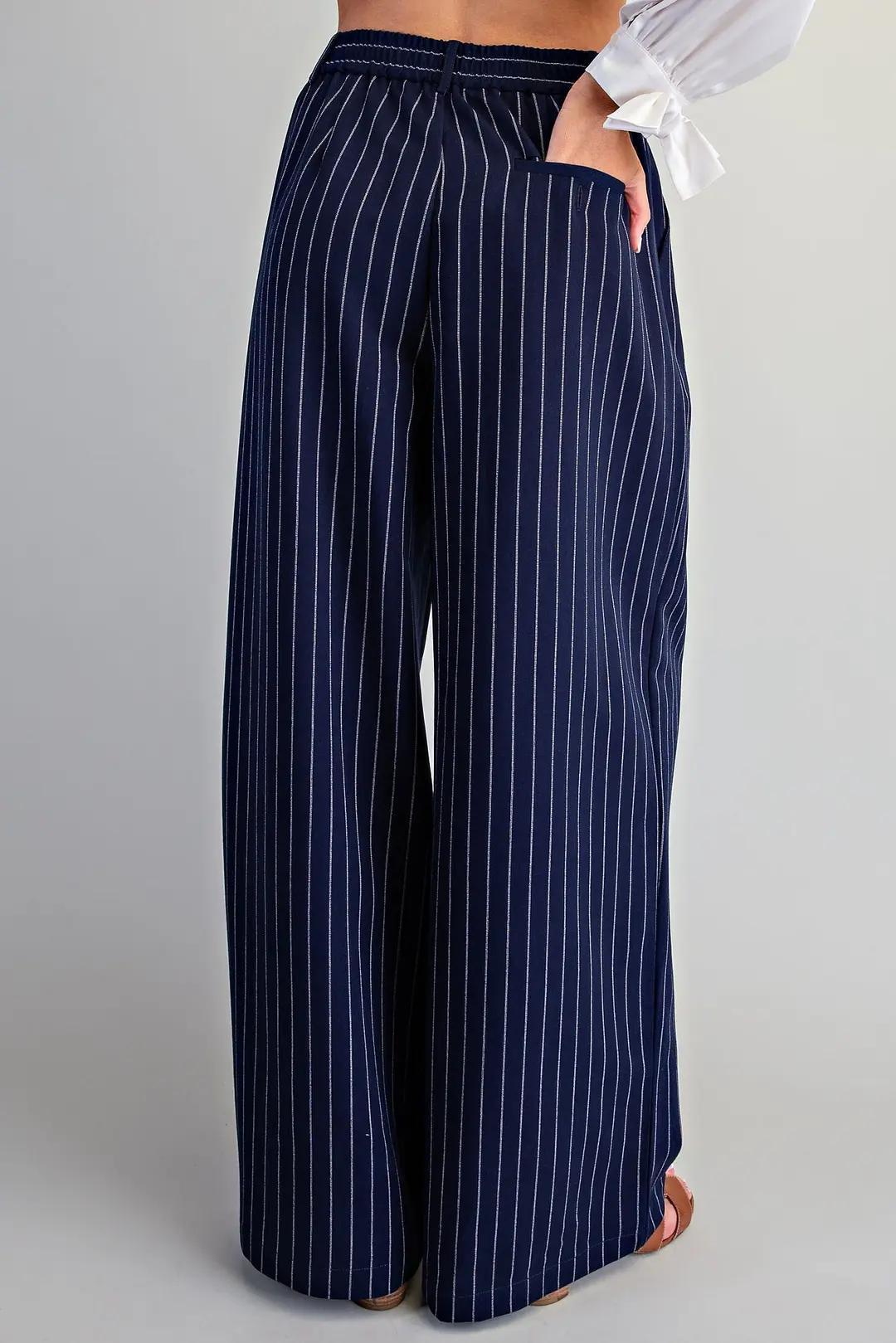 Navy Pinstriped Front Tie Pants