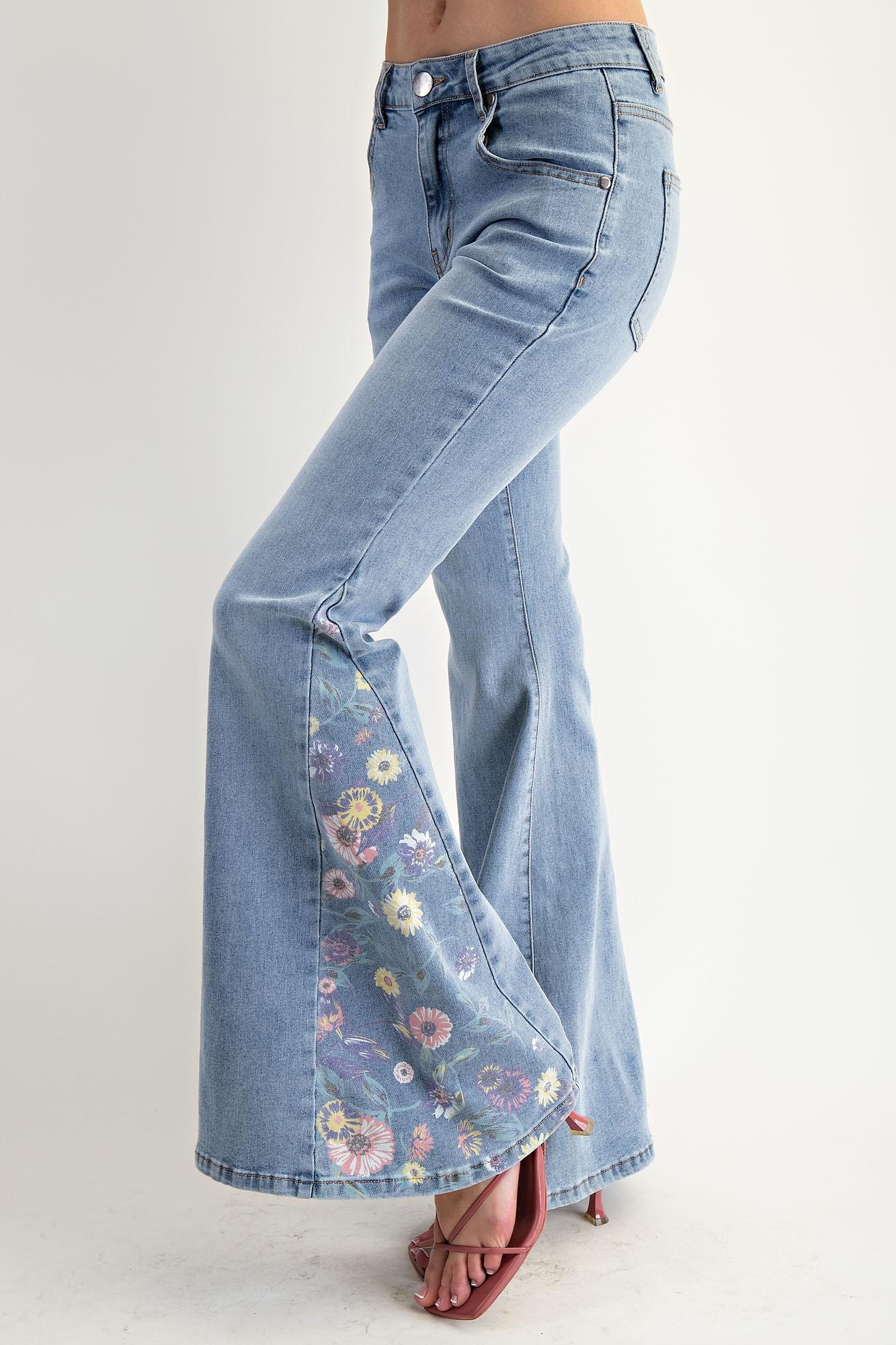 Floral Bell Bottom Washed Denim Pants
