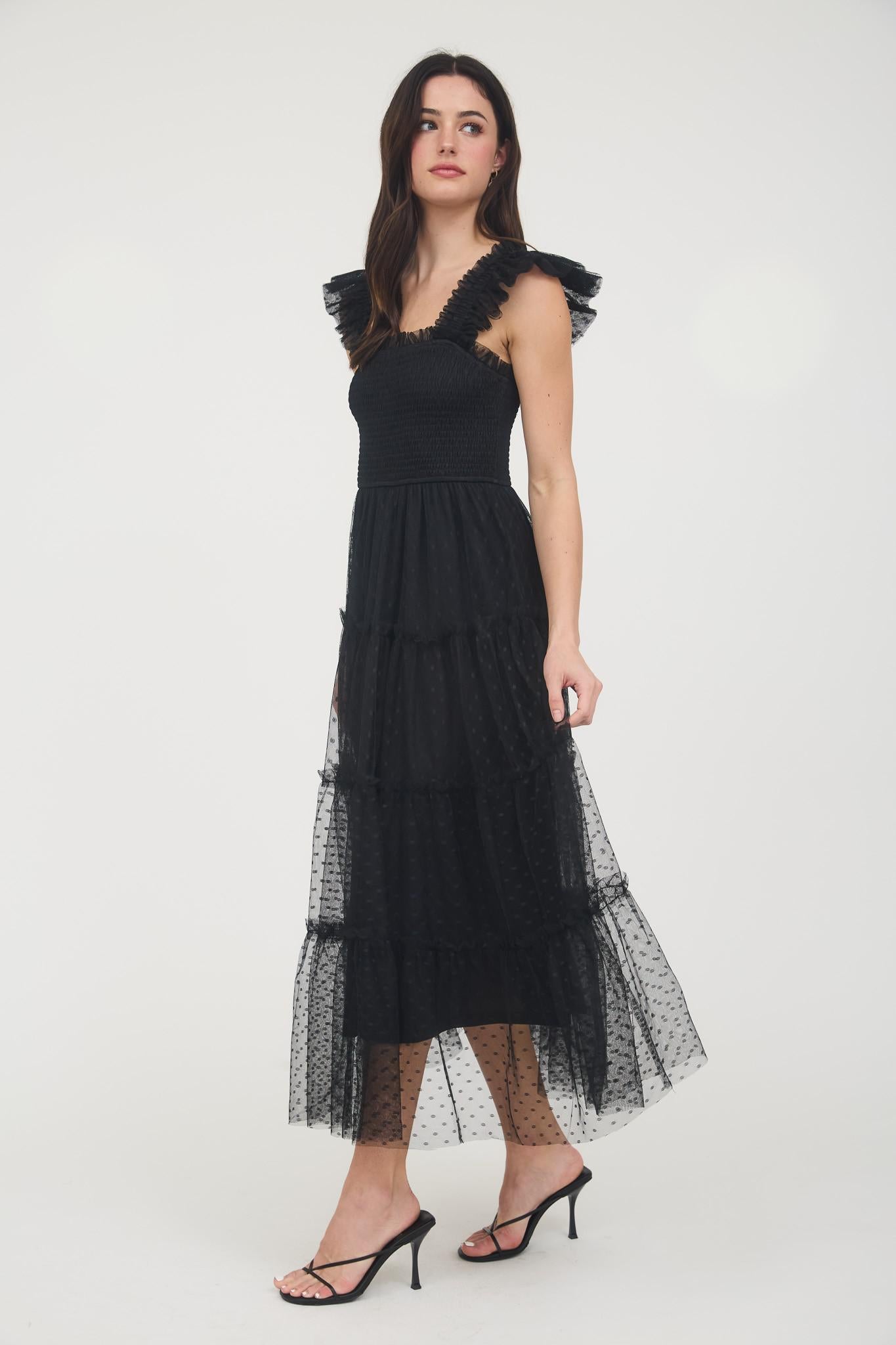 Polka Dot Chiffon Tiered Midi Dress