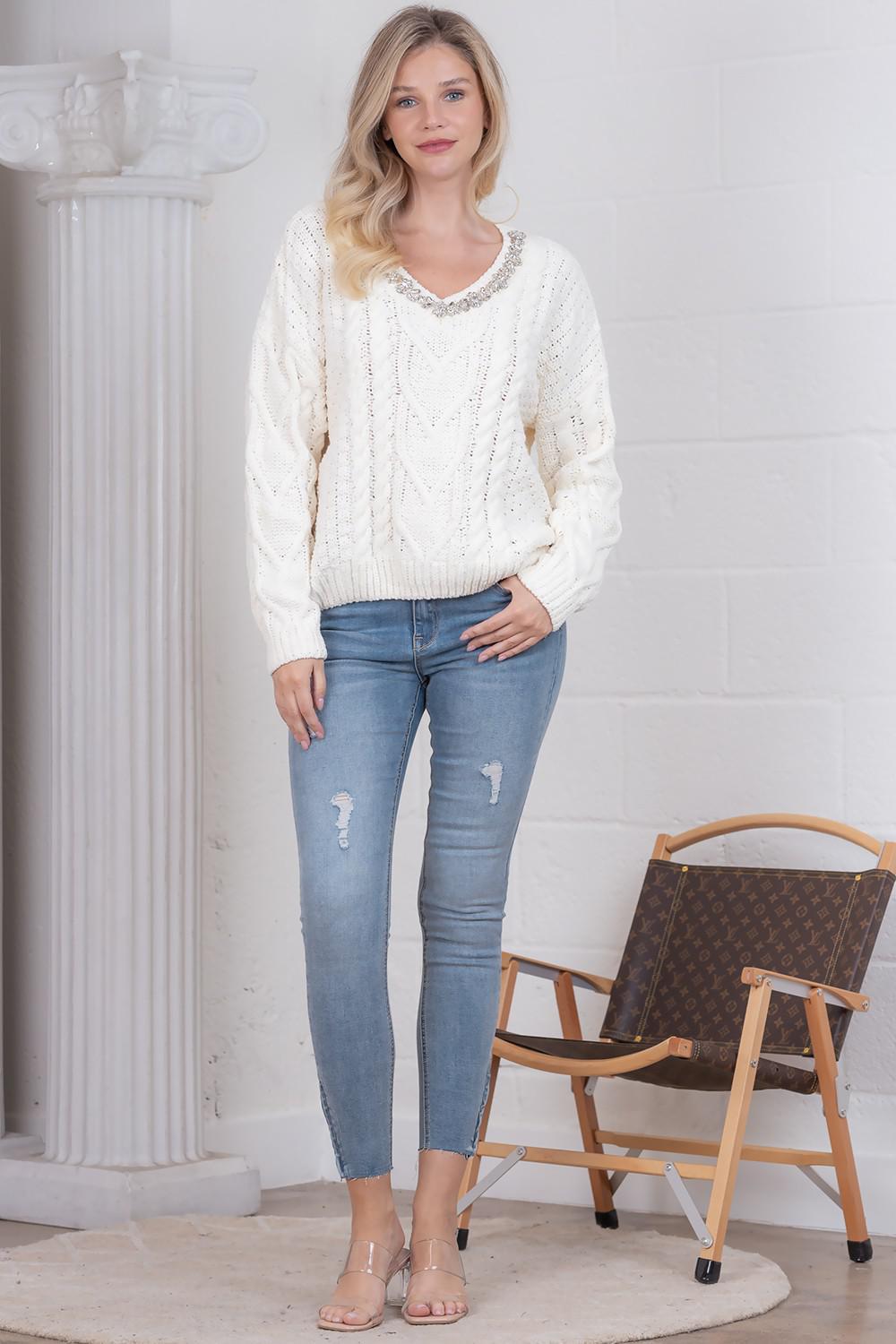 V-Neck Crystal Beads Sweater