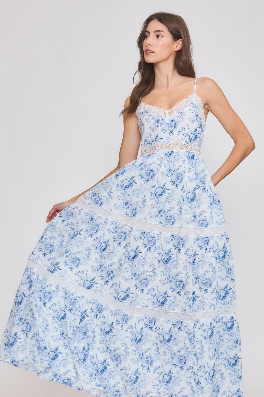 Blue Floral Midi Dress with Lace Trim