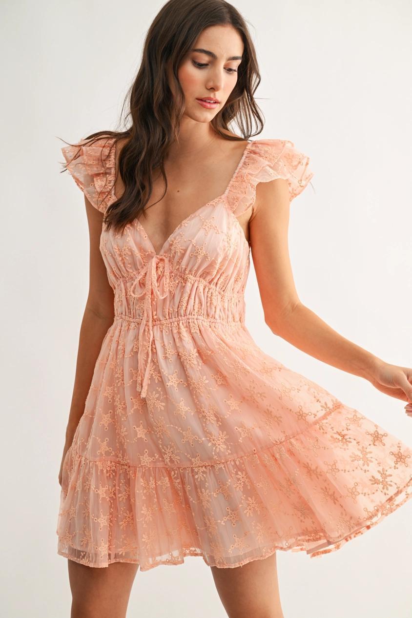 Chiffon Flutter Embroidered Sleeve Mini Dress - Coral
