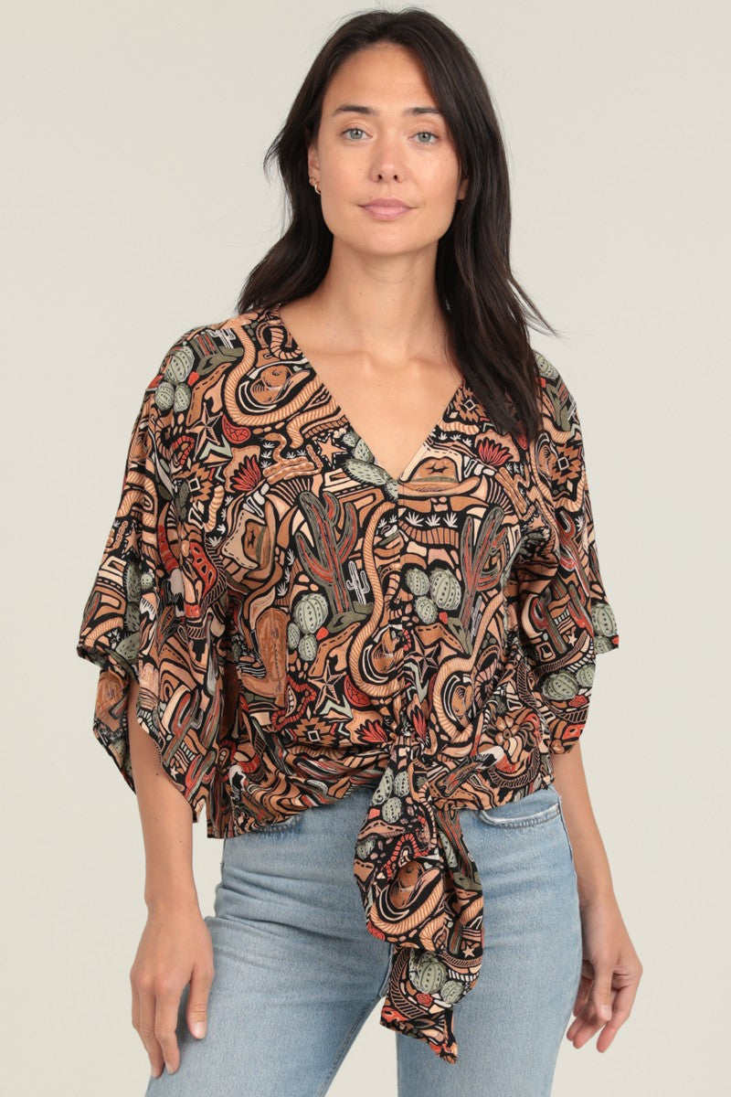 Black Kimono Sleeve Cactus Print Tie Waist Top