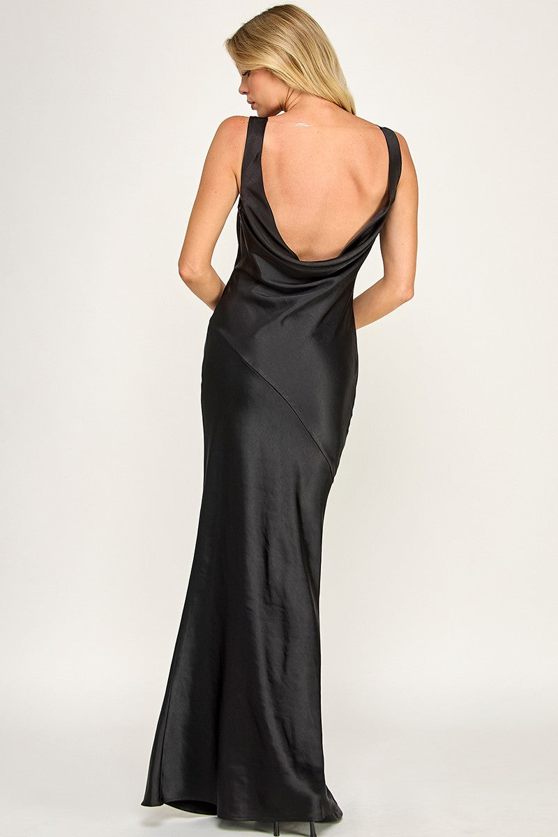 Black Cowl Neck Satin Maxi Dress