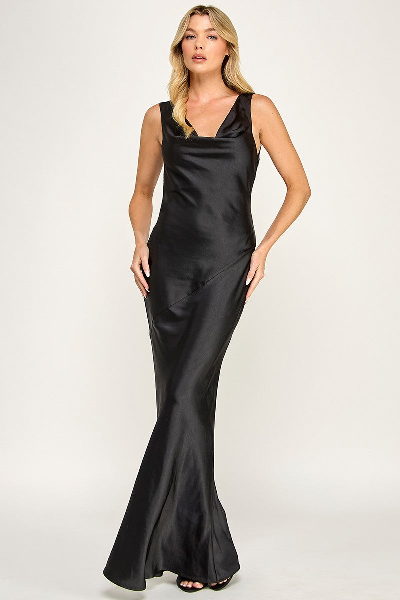 Black Cowl Neck Satin Maxi Dress