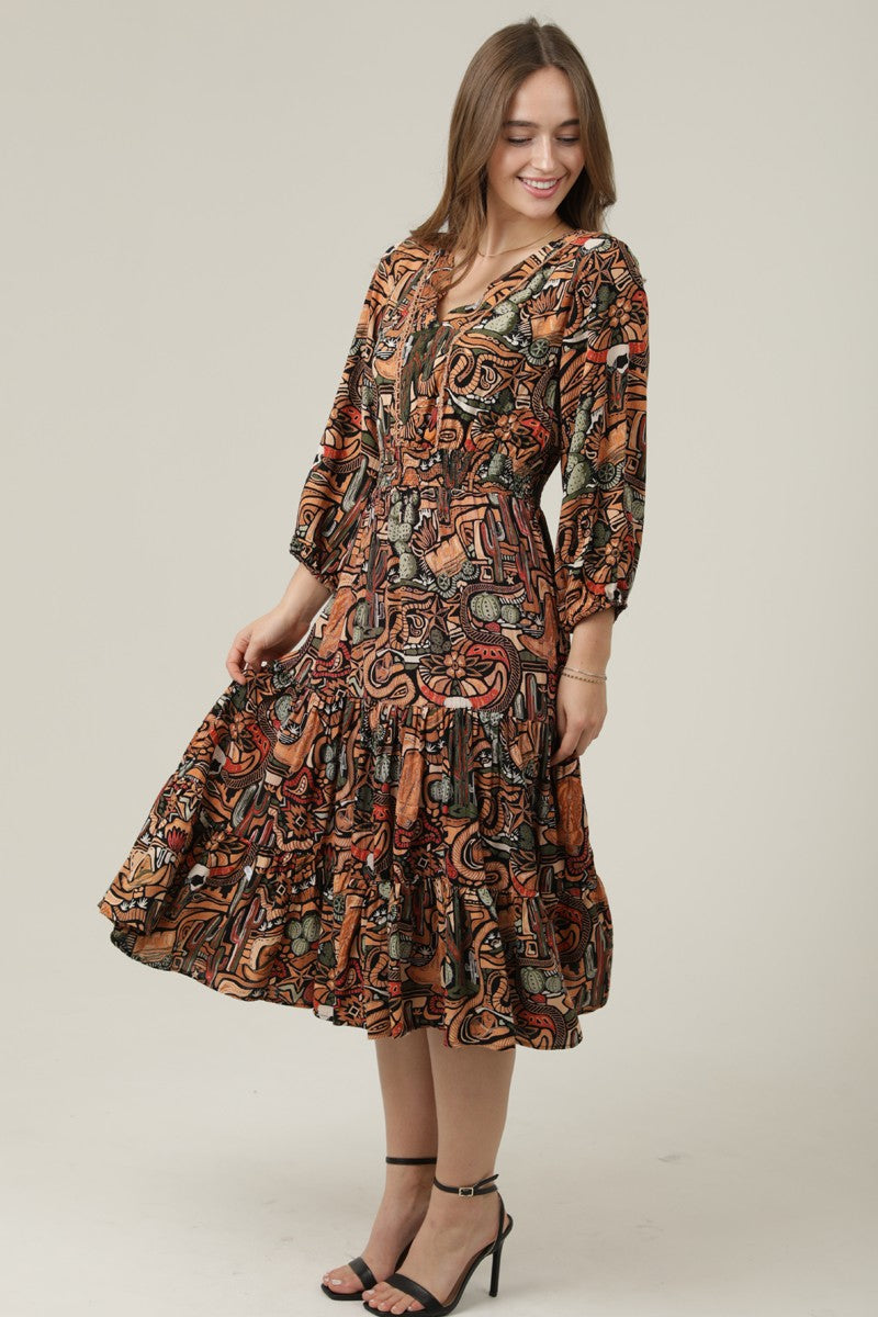 Black Cactus Print Midi Dress With Elastic Waist
