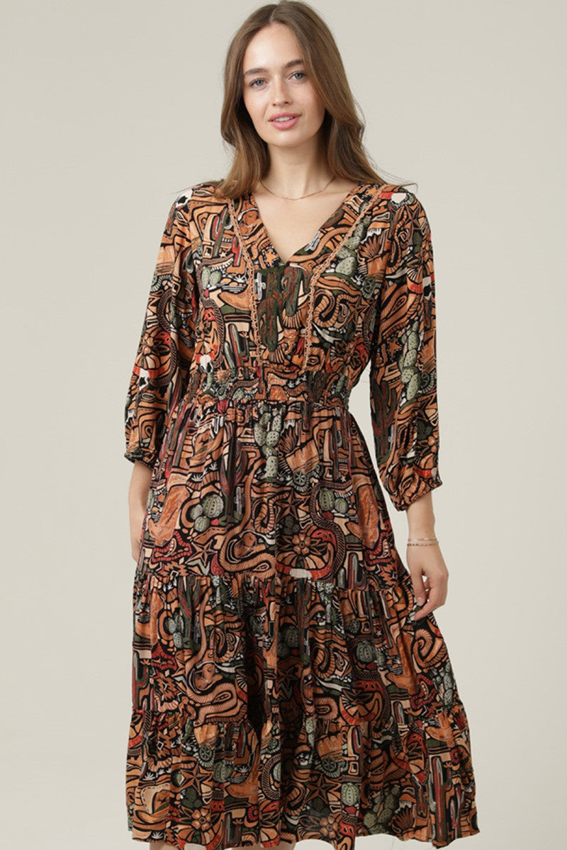 Black Cactus Print Midi Dress With Elastic Waist