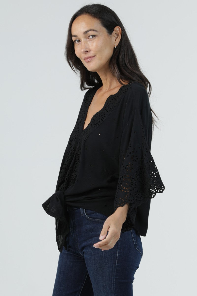 Black Short Sleeve Deep Crochet Tie Front Blouse