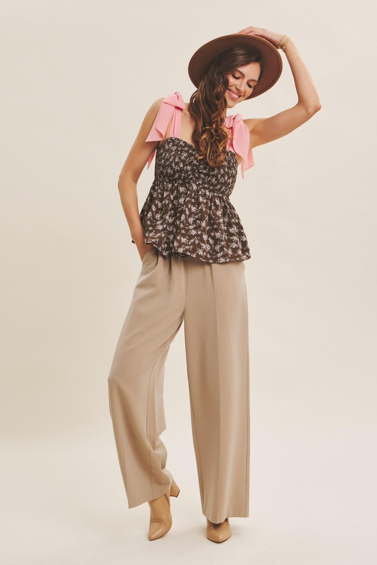 Brown/Pink Romantic Floral Flowy Smocked Top