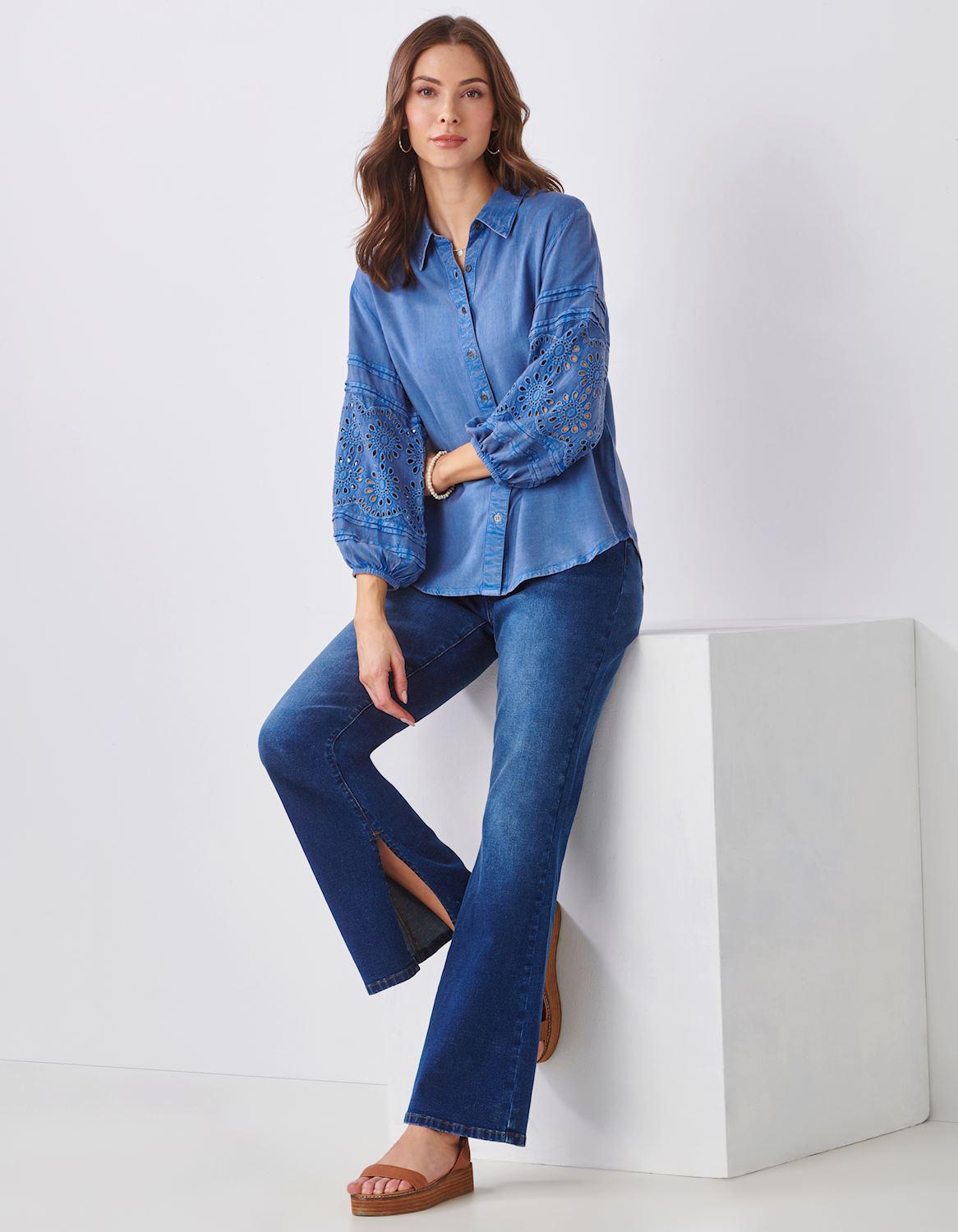 Embroidered Tencel Button Up Shirt in Blue