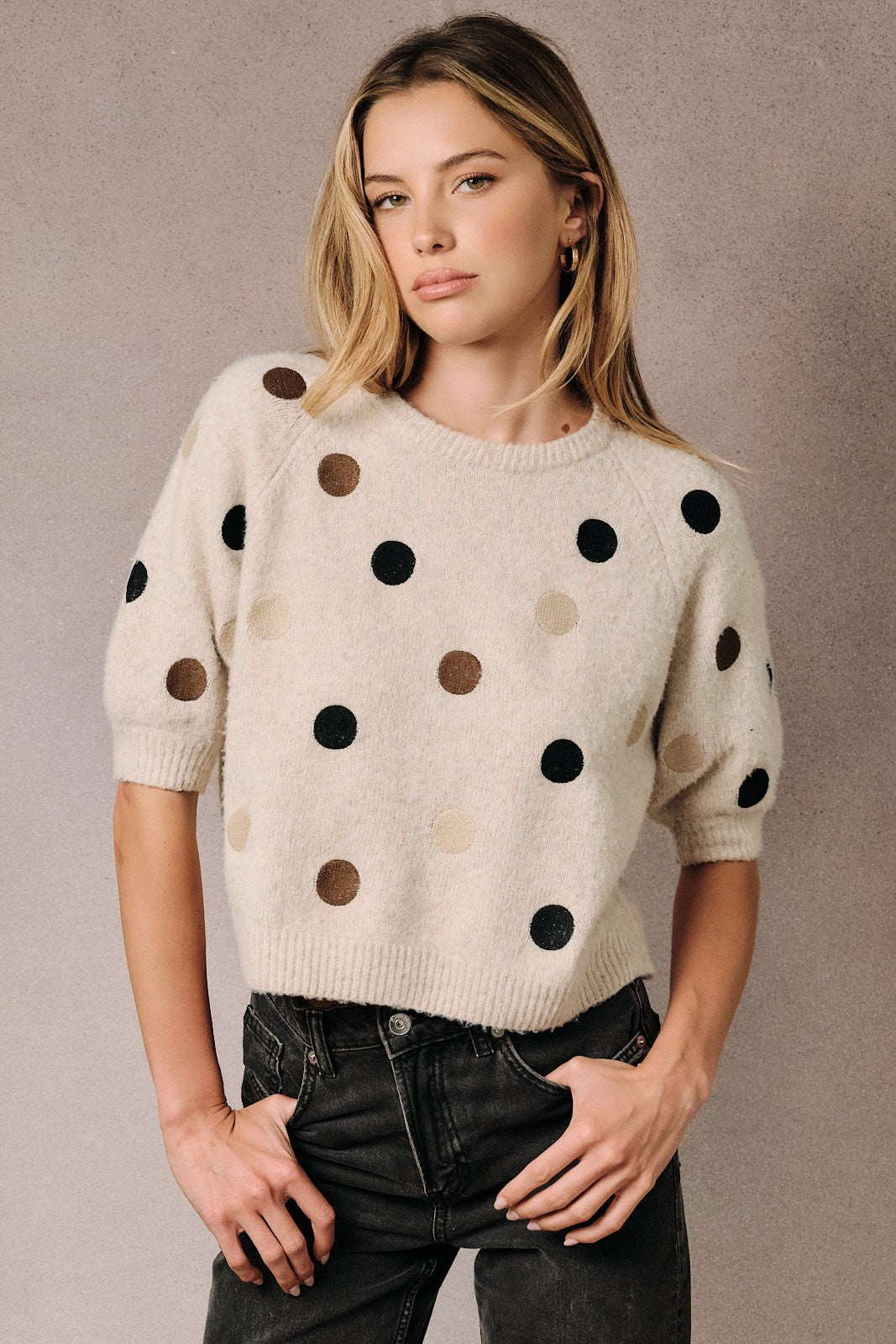 Fuzzy Polka Dot Raglan Short Sleeve Knit Sweater