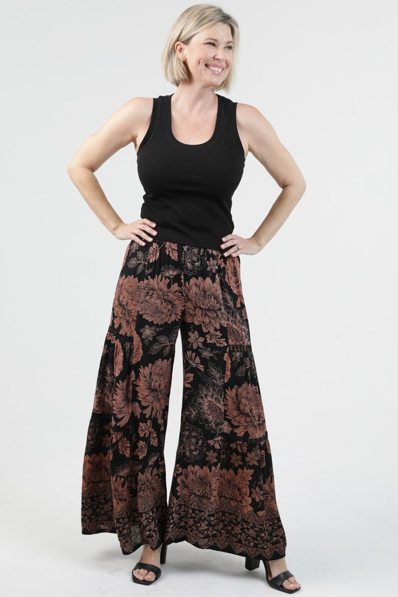 Black Printed Wide Leg Flare Pants With Lace Trim