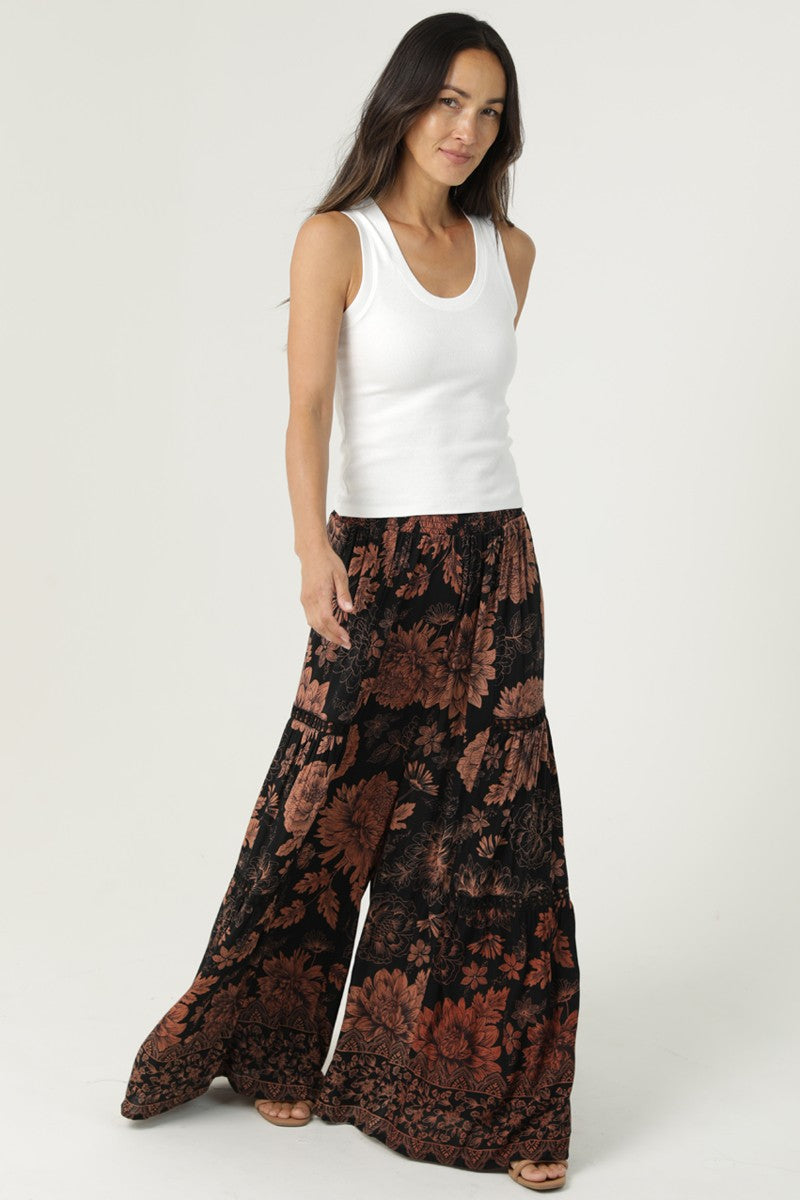 Black Printed Wide Leg Flare Pants With Lace Trim