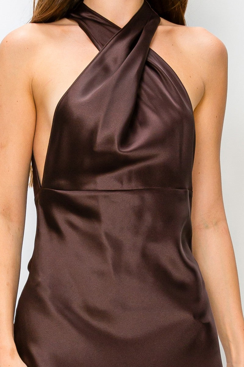 Brown Halter Mock Neck Open-back Maxi Dress