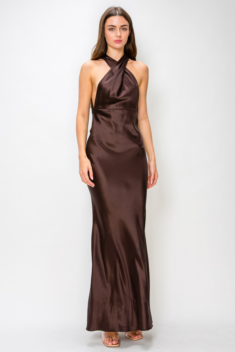 Brown Halter Mock Neck Open-back Maxi Dress