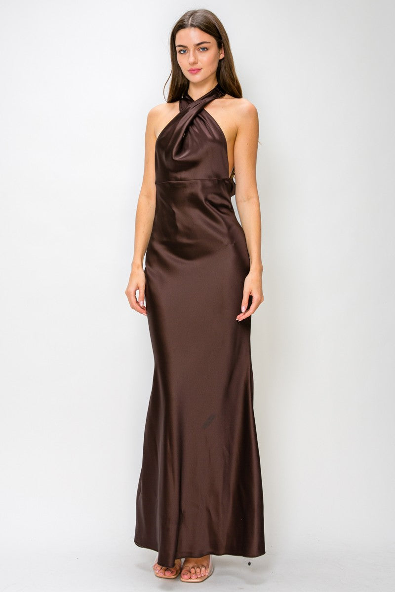 Brown Halter Mock Neck Open-back Maxi Dress