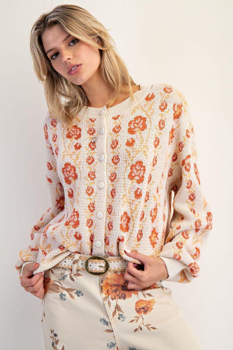 FLORAL PATTERN KNITTED SWEATER CARDIGAN