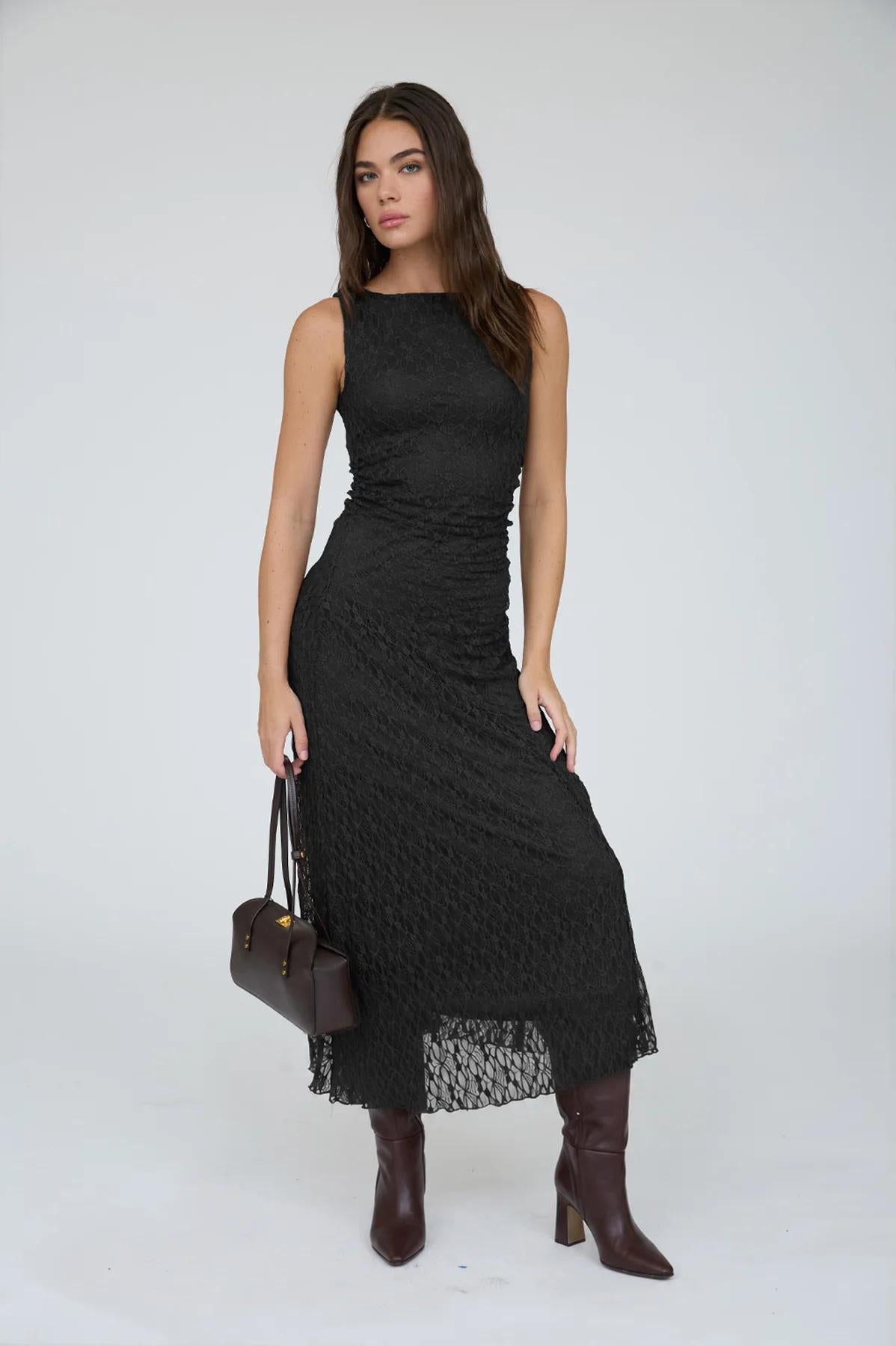 BLACK LACE RUCHED DETAIL TANK MIDI DRESS