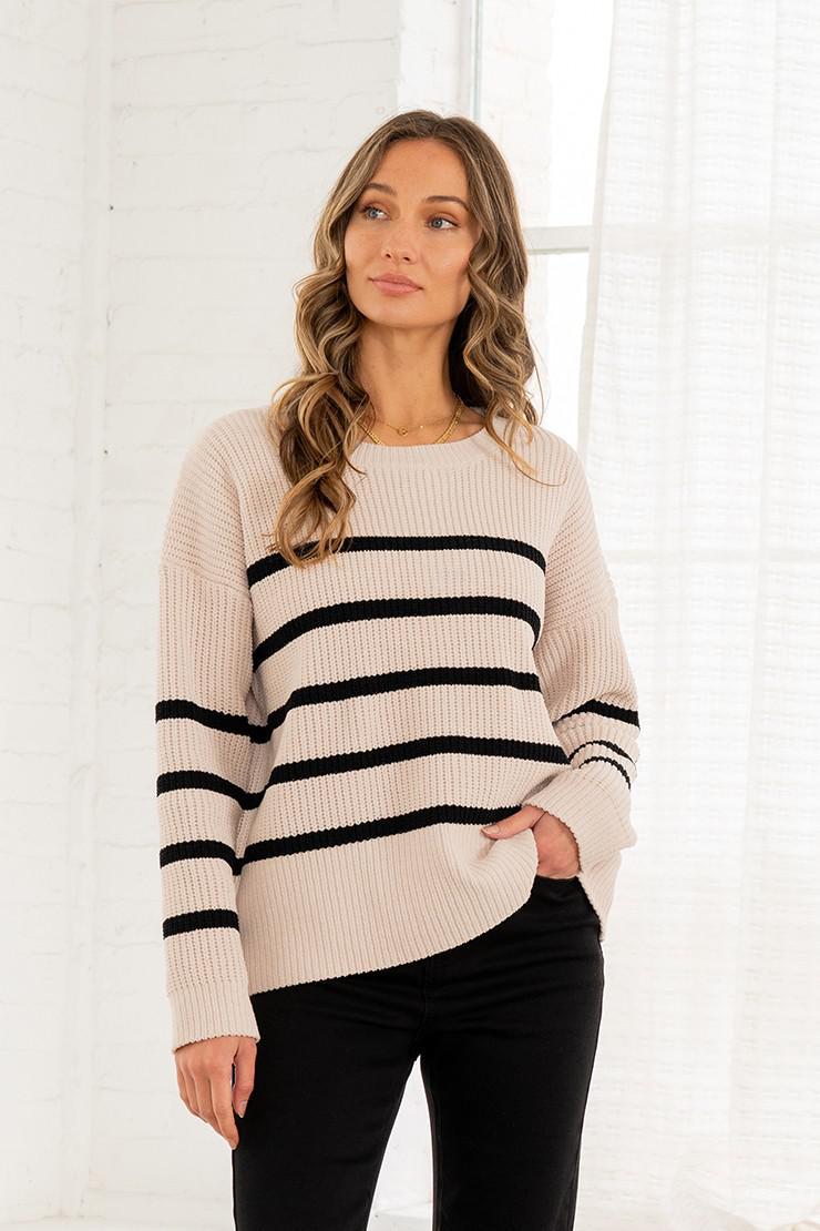 Oatmeal and Black Ribbed Knit Striped Sweater