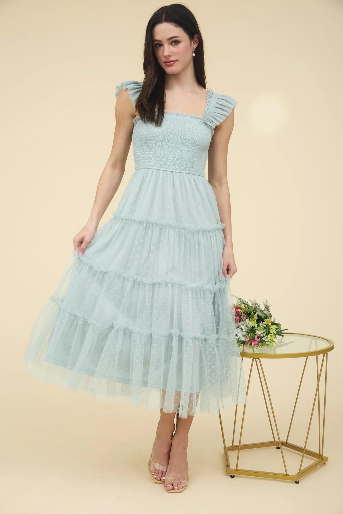 Polka Dot Chiffon Tiered Midi Dress