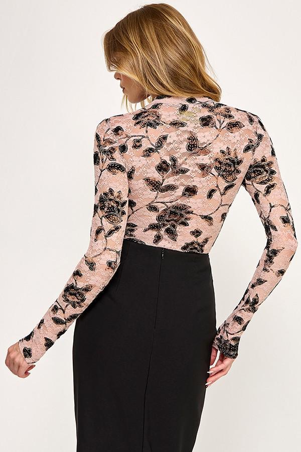 Sheer Lace Floral Long-Sleeve Bodysuit