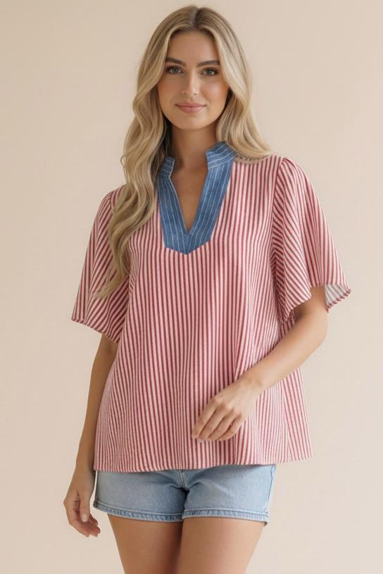 Stitched Neck Band Flutter Sleeve Stripe Top