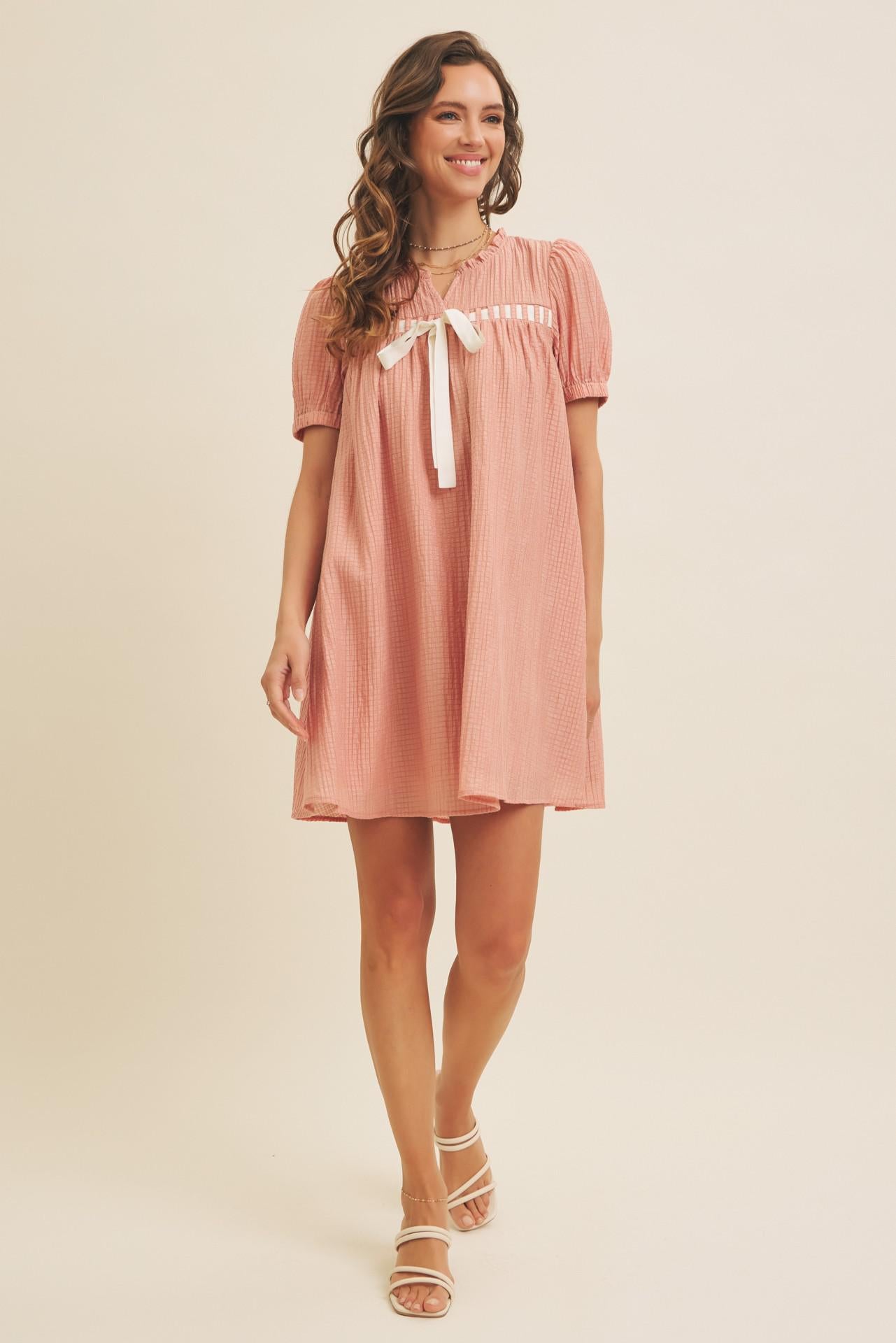 Textured Babydoll Mini Dress With Front Bow