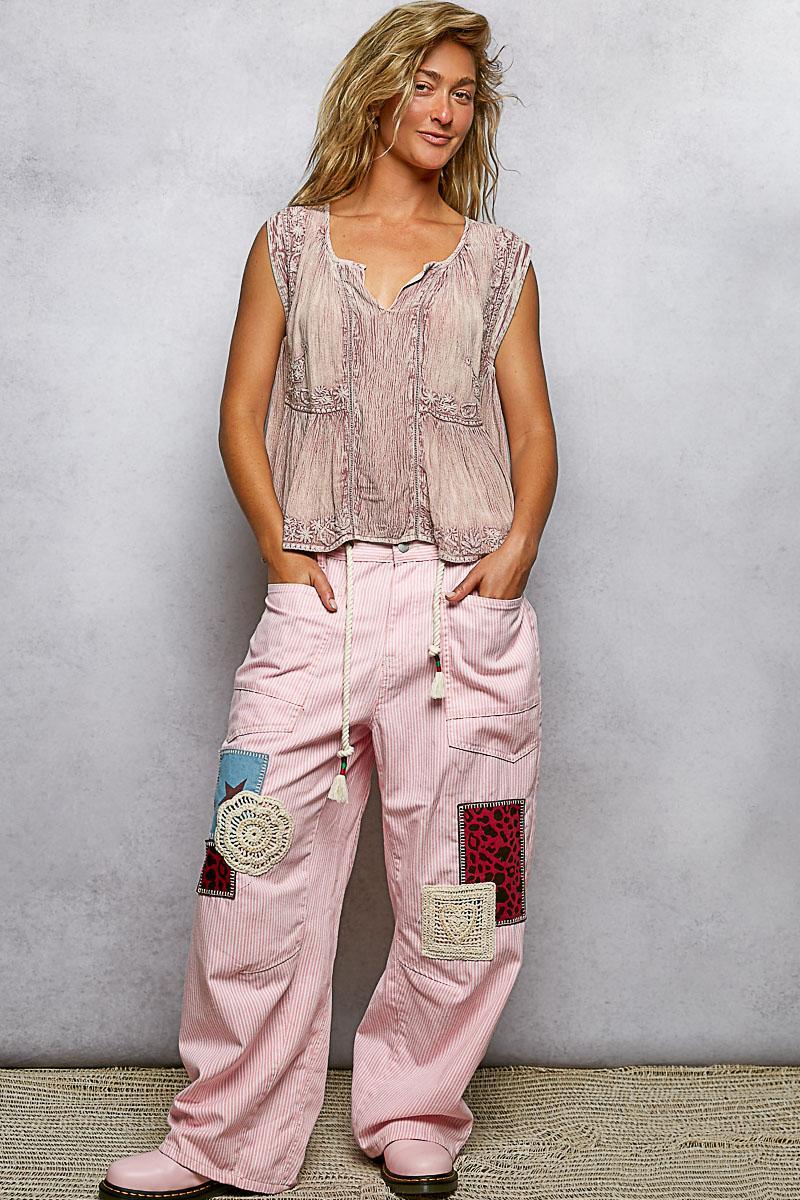 V-Neck Sleeveless Vintage Washing Solid Linen Woven Top